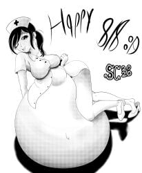 1girls black_and_white large_breasts manga_style nurse nurse_uniform spaghetticultists vore vore_belly