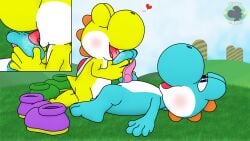 2026 3_toes anthro barefoot blush bodily_fluids close-up close_up_panel closed_eyes cyan_yoshi duo erection feet foot_fetish foot_focus foot_grab foot_lick foot_play genitals hi_res kneeling licking lying male male/male mario_bros multiple_angles narrowed_eyes nintendo nude open_mouth outside penis reptile saliva scalie shoes_removed sky tamayoshi toes tongue tongue_out yellow_yoshi yoshi