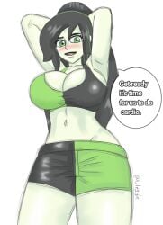 1girls arms_behind_head big_ass big_breasts black_hair embarrassed embarrassed_female female female_focus female_on_top female_only kim_possible shego sports_bra sports_shorts sports_uniform sportswear tied_hair training training_bra ultyde