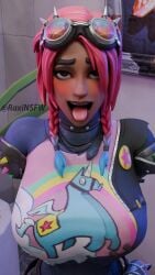 3d ahe_gao ahoge big_breasts blush brite_bomber brite_raider clothed clothed_female clothing female female_only fortnite fully_clothed fully_clothed_female goggles goggles_on_head looking_up multicolored_hair open_mouth raxinsfw solo solo_female tongue tongue_out