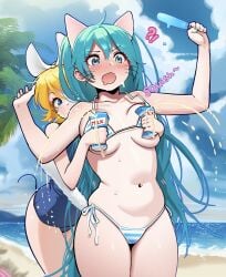 !? 2girls aa2mee animal_ears aqua_eyes beach bikini blonde_hair blue_bikini blue_eyes blue_hair blue_nails blue_one-piece_swimsuit blue_sky blush bow breasts breasts_apart cat_ears cloud cloudy_sky collarbone cowboy_shot day english_text fake_animal_ears food hairbow hands_up hashtag-only_commentary hatsune_miku highres holding holding_food holding_milk_carton holding_popsicle kagamine_rin long_hair looking_at_another milk milk_carton multicolored_bikini multiple_girls navel ocean one-piece_swimsuit open_mouth outdoors palm_tree popsicle sand school_swimsuit short_hair side-tie_bikini_bottom sky stomach striped_bikini striped_clothes suggestive_fluid swimsuit tree two-tone_bikini vocaloid whiskers white_bikini white_bow