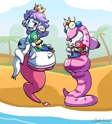 ass ass_focus beach blue_skin boo_(mario) chabble cobrat coconut crown fangs ghost ghost_girl ghost_tail large_ass luigi mario mario_(series) moustache no_hair pink_eyes princess_daisy princess_peach purple_hair snake snake_girl sunglasses super_mario_bros. terminalmontage