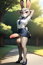 1futa ai_generated anthro armpit arms_behind_head bealce big_balls big_breasts big_bulge big_penis bunny_tail choker furry futa_only futanari gray_body gray_fur hands_behind_head high_heels judy_hopps outdoors park purple_eyes shirt skirt smile stable_diffusion standing testicles thin_waist white_body white_fur wide_hips wide_thighs zootopia