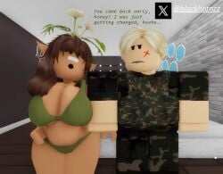 1boy 1girls 3d all_fours backshots balls bandage big_ass big_breasts big_butt big_cock big_penis blackhornzz brown_hair dark-skinned_male doggy_style dreadlocks elf_ears eye_contact female interracial nipples roblox robloxian twitter_username