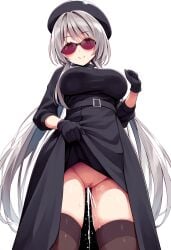 1girls ai_generated android black_beret black_dress black_stockings blush cumming dress dress_lift female_ejaculation gray_hair hismajestyii jenn_schauber_(hismajestyii) jenn_schauber_(t-1d_body)_(hismajestyii) large_breasts light_skin mature mature_female novelai original original_character ponytail pussy pussy_ejaculation pussy_juice silver_hair slim slim_waist smile stockings sunglasses synthetic_body tinted_eyewear