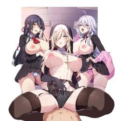 1boy 3girls :d :o arm_under_breasts bare_shoulders black_garter_belt black_garter_straps black_gloves black_hair black_panties black_skirt black_thighhighs blonde_hair blue_eyes blue_panties blush breasts breasts_out cameltoe collared_shirt cowgirl_position cross cross_necklace elbow_gloves garter_belt garter_straps gloves hair_between_eyes hair_over_one_eye hand_up jewelry large_breasts latin_cross long_sleeves looking_at_viewer merchandise_available multiple_girls necklace nipples nun one_eye_covered open_mouth original panties pleated_skirt purple_eyes purple_panties puuzaki_puuna school_uniform shirt skirt smile thighhighs thighs underwear white_hair white_shirt white_thighhighs yellow_eyes