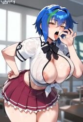 ai_generated areola_peek areola_slip areolae bent_over blue_hair classroom cleavage drool drooling fellatio_gesture half-closed_eyes high_school_dxd miniskirt nipple_slip nipples no_bra panties school_uniform seductive seductive_look see-through short_hair tharkica tied_shirt tongue tongue_out xenovia_quarta