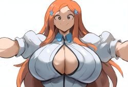 ai_generated airhead bimbo bleach breasts bursting_breasts cleavage ditzy female huge_breasts inoue_orihime long_hair mullon novelai orange_hair simple_background smile