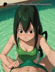 1boy 1girls ai_assisted ai_generated asui_tsuyu crotch green_hair green_one-piece_swimsuit my_hero_academia nose_blush one-piece_swimsuit one_piece_swimsuit patreon pool poolside pov removing_underwear stripping swimsuit