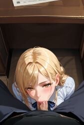 1boy :>= ai_generated bangs black_pants blonde_hair blush brown_eyes cum_in_mouth earrings erection fellatio female from_above jewelry long_hair looking_at_viewer mosaic_censoring open_fly oral penis pov solo_focus straight uncensored under_the_table