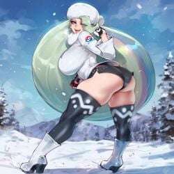 1girls ai_generated ass big_breasts big_thighs boots busty happy jacket light-skinned_female light_skin melony_(pokemon) novelai pawg pokemon pose shorts smile snow solo solo_female twitwit voluptuous voluptuous_female winter winter_clothes