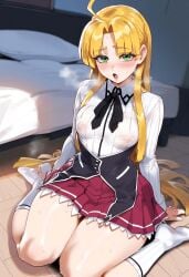 ai_generated asia_argento bed bedroom blonde_hair half-closed_eyes heavy_breathing high_school_dxd kneeling nipples nipples_visible_through_clothing no_bra on_floor school_uniform see-through small_breasts tharkica