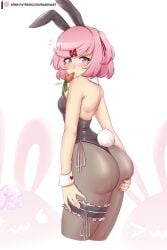 1girls big_ass bunny_costume bunny_ears bunny_girl bunny_tail bunnysuit cute_eyes cute_face cute_girl doki_doki_literature_club female female_only natsuki_(doki_doki_literature_club) pantyhose petite petite_body petite_breasts petite_female pink_hair purple_eyes raionart short_hair small_breasts solo thick_ass