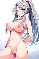 1girls ai_generated android blue_eyes gray_hair hand_behind_back hismajestyii jenn_schauber_(hismajestyii) jenn_schauber_(t-1p_body)_(hismajestyii) large_breasts light_skin mature mature_female naked naked_female novelai nude nude_female original original_character perky_breasts perky_nipples pink_nipples ponytail pussy shark_teeth sharp_teeth silver_hair slim slim_waist smile synthetic_body