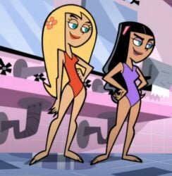 2girls black_hair blonde_hair danny_phantom nickelodeon nicktoons one-piece_swimsuit paulina_sanchez purple_one-piece_swimsuit red_one-piece_swimsuit screencap screenshot star_(danny_phantom) swimsuit