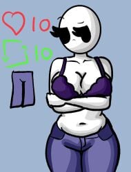 bald bald_female black_eyes blue_background bra breasts chetoh claire_(chetoh) cleavage clothed clothed_female egg female jeans like_icon looking_at_viewer oc original original_character purple_bra retweet_icon strip_game twitter twitter_strip_game_(meme) white_body