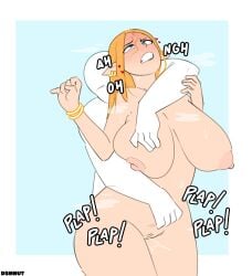 1boy 1girls alternate_breast_size anal artist_name big_ass big_breasts big_nipples big_thighs blush dsmnup dungeon_meshi from_behind holding marcille_donato onomatopoeia penetration plap simple_background steaming_body sweating