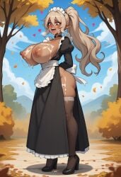 ai_generated apron arms_behind_back autumn autumn_leaves black_choker black_dress black_footwear black_thighhighs blush breasts breasts breasts_out brown_eyes choker cum cum_on_body cum_on_breasts cute dark-skinned_female dark_elf dark_skin day dress elf facial female frills full_body hair_between_eyes heart high_heels huge_ass huge_breasts juliet_sleeves juswa large_ass large_breasts long_hair long_sleeves maid maid_apron maid_headdress nipples no_bra open_mouth outdoors pointy_ears ponytail puffy_sleeves sky solo standing thicc thick_thighs thighhighs thighs tongue tongue_out tree waist_apron white_apron