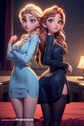 2girls ai_generated anna_(frozen) artist_name ass bed black_dress black_thighhighs blonde_hair blue_dress blue_eyes braid breasts brown_hair disney disney_princess dress earrings elsa_(frozen) frozen frozen_(film) frozen_2 hair_over_shoulder hi_res indoors jewelry lamp lips long_hair long_sleeves looking_at_viewer looking_back medium_breasts multiple_girls progenarts siblings side_slit single_braid sisters smile thighhighs