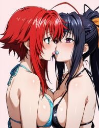 2girls ahoge ai_generated akeno_himejima antenna_hair black_hair blue_green_eyes blush breasts_pressed_together candy couple crimson_hair female_only hair_ribbon high_school_dxd large_breasts lesbian light_skin looking_at_each_other orange_ribbon ponytail pressing_breasts_together rias_gremory short_hair very_long_hair violet_eyes yuri