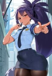 1girls ai_generated alley dark-skinned_female iris_(pokemon) long_hair looking_at_viewer miniskirt pantyhose petite petite_female pointing pointing_at_viewer pokemon pokemon_bw pokemon_bw2 police police_uniform policewoman small_breasts tharkica whistle