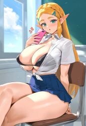 ai_generated areolae areolae_peeking big_ass big_breasts blonde_hair bra bra_peek bra_visible_through_clothes braided_hair breath_of_the_wild chalkboard choker classroom cleavage desk gyaru holding_phone hylian_ears large_breasts long_hair looking_at_phone looking_at_viewer midriff miniskirt nintendo nipple_bulge phone pointy_ears princess_zelda school_uniform skimpy_clothes tharkica the_legend_of_zelda tied_shirt tight_clothing zelda_(breath_of_the_wild)