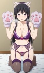 ai_generated bed bedroom black_hair blush blushing_at_viewer bra breathing cat_ears cat_gloves catgirl female female fully_clothed heavy_breathing kneeling koe_no_katachi long_hair on_bed pale panties panting pixai purple_eyes thighhighs ueno_naoka underwear