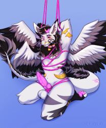 anthro ariin blush bondage bound dragon genitals gold_(metal) gold_jewelry hi_res horn jewelry male mythological_creature mythological_scalie mythology pawpads paws penis restraints rope rope_bondage rope_harness scalie solo spread_wings wings