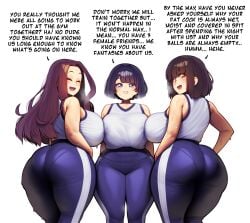 3girls adorable ai_generated anime anime_style animegirl ass big_breasts breasts brown_hair bubble_ass bubble_butt cute fat_ass fat_butt female friends girl group gym_clothes gym_uniform heavenly_ass hips huge_ass huge_breasts huge_butt long_hair looking_at_viewer looking_back oc original original_character original_characters purple_hair short_hair shortstack smesh_(artist) smile smiling smiling_at_viewer sweat sweating sweaty teasing text thick_ass thick_thighs thighs tight_clothing tight_pants white_background wide_hips