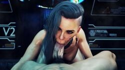 1boy 1girls 3d 3d_(artwork) blender cyberpunk_2077 elderly_female fellatio rogue_amendiares sfmlover22 sucking_penis