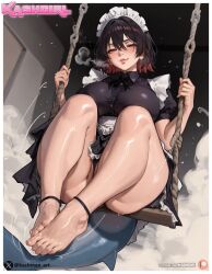 ai_generated barefoot black_hair clothed clothing ellen_joe feet feet_fetish feet_focus feet_up fingers kashman maid maid_headdress maid_outfit maid_uniform multicolored_hair patreon patreon_logo patreon_username red_hair shark shark_tail sitting soles swing swinging thick_thighs zenless_zone_zero