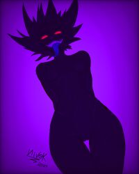 2024 arms_behind_back artist_name black_skin breasts breasts_apart cowboy_shot dated grin kevio_nivek long_tongue looking_at_viewer medium_breasts monster monster_girl navel night nightmare_waifu nipples nude original original_character purple_background purple_mouth purple_theme purple_tongue pussy recolor recolored red_eyes self_upload sharp_teeth short_hair signature simple_background smile solo spiked_hair standing teeth thigh_gap tongue_out