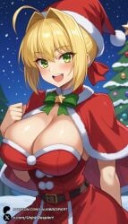 1girls :d ahoge ai_generated bangs belt blonde_hair blush braid breasts capelet christmas christmas_outfit christmas_tree cleavage dress fate/grand_order fate_(series) fur-trimmed_capelet fur_trim green_eyes hair_intakes hair_ribbon hat large_breasts long_hair looking_at_viewer nero_claudius_(fate) night open_mouth red_capelet red_dress red_headwear red_ribbon ribbon santa_costume santa_dress santa_hat sky smile snow snowing solo unjobdespiert