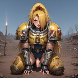 1boy ai_generated armor belt blonde_hair blue_eyes boots deidara femboy fishnets gloves long_hair male male_focus naruto naruto_(series) naruto_shippuden penis ponytail smirk thick thick_thighs tongue_out warhammer_(franchise) wasteland