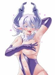 1girls areolae blush breasts covered_nipples demon_girl duel_monster earrings female labrynth_of_the_silver_castle looking_at_viewer lovely_labrynth_of_the_silver_castle navel one_arm_up open_mouth rare_lemon seductive_smile silver_eyes smile solo sweatdrop tongue_out twintails white_background white_hair yu-gi-oh!