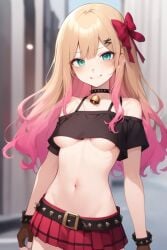 actualtrashhuman ai ai_generated alexis_woodrider alt_girl aqua_eyes bare_midriff bare_shoulders bell_collar belt beltskirt black_topwear blonde_hair blonde_to_pink_hair bow_in_hair choker crop_top fingerless_gloves freckles golden_hair gradient_hair groin hairbow long_hair medium_breasts midriff miniskirt navel off-shoulder_shirt ombre_hair plaid_skirt pleated_skirt punk_girl red_skirt revealing_clothes skimpy skimpy_clothes skinny skinny_girl skirt slender_body slender_waist small_breasts studded_belt tartan_skirt underboob wavy_hair y2k