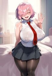 ai_generated bed bedroom big_breasts closed_eyes fate/grand_order fate_(series) hair_over_one_eye large_breasts mash_kyrielight miniskirt nipples nipples_visible_through_clothing pantyhose pink_hair school_uniform see-through short_hair tharkica waving