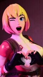 3d alternate_version_available areola areola_slip clothed clothed_female clothing exposed_areolae female female_only fingerless_gloves fortnite fully_clothed fully_clothed_female gloves gwen_poole gwenpool gwenpool_(fortnite) heart_hands looking_at_viewer marvel marvel_comics multicolored_hair open_mouth raxinsfw ripped_clothing solo solo_female wardrobe_malfunction wink winking winking_at_viewer