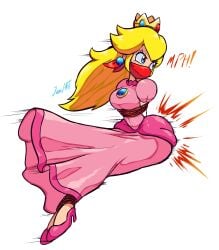 blonde_hair blue_eyes bondage butt_attack crown earrings gagged jamoart nintendo otn_gag pink_dress pink_heels princess_peach red_gag rope_bondage sound_effects super_mario_bros. watermark white_skin