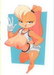 2024 basketball_uniform big_breasts blonde_hair blue_background blue_eyes breasts female female_only furry gloves hand_on_hip huhujujuy lola_bunny looney_tunes nipple_piercing nipples pierced_nipples piercing rabbit shirt_lift short_hair space_jam tan_fur tied_hair warner_brothers white_background