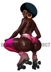 1girls afro ass_focus big_ass black_hair black_pinup_project bubble_butt chocolate clothed_female clothing dark_skin dat_ass earrings female female_focus female_only glistening_body lolipop pink_clothing retro_artstyle roller_skates shades squatting string_bikini sweatdrop sweaty yellow_glasses