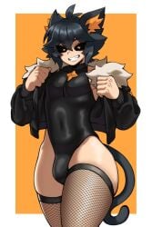 black_hair black_sclera cat_ears catboy ciruku_(raiosmanis) clothed clothing feline femboy femboy_only fishnet_stockings huge_cock hung_femboy mctamagomaki nail_polish otokonoko peace_sign sharp_teeth smug solo_male tongue_out trap veiny_penis yellow_eyes