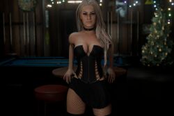 1girls 3d black_corset black_skirt blender blonde_hair choker christmas_tree enigmaj female_focus female_only light-skinned_female looking_at_viewer maryse_ouellet milf pool_table solo_female wwe wwe_diva