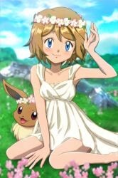 cute eevee looking_at_viewer outdoors pokemon serena_(pokemon)