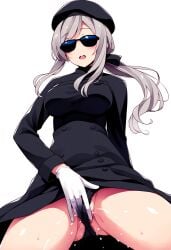 1girls ai_generated android black_beret black_dress blush cumming dress dress_lift female_ejaculation fingering_through_clothes gray_hair hismajestyii jenn_schauber_(hismajestyii) jenn_schauber_(t-1d_body)_(hismajestyii) large_breasts light_skin masturbating masturbating_through_clothes mature mature_female novelai open_mouth original original_character panties ponytail pussy pussy_ejaculation pussy_juice silver_hair slim slim_waist squirting sunglasses synthetic_body