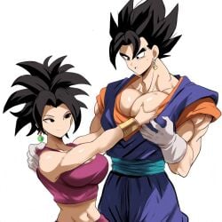 1boy 1boy1girl 1girls ai_generated alien alien_girl black_hair caulifla dragon_ball dragon_ball_super duo female fusion_character groping groping_pecs kale kefla mullon muscular_male novelai pectoral_grab pectorals potara potara_earrings role_reversal saiyan son_goku vegeta vegito