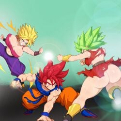 1boy 2girls 2girls1boy ai_generated alien alien_girl ass back back_view battle big_ass caulifla dragon_ball dragon_ball_super female fight green_hair huge_breasts kale mullon novelai red_eyes red_hair saiyan son_goku super_saiyan super_saiyan_god that_ass_was_fat tournament_of_power