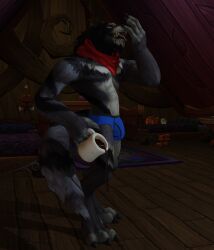 briefs bulge bulge_through_underwear coffee coffee_mug furry furry_male furry_only indoors male_only scarf spilled_coffee standing underwear warcraft worgen worgen_with_tail world_of_warcraft yawning zaine_alistaire