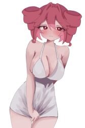 1girls 2d 2d_(artwork) bare_shoulders big_breasts blush breasts cleavage clothed_female clothing dress female female_only huge_breasts kasane_teto nightgown red_eyes red_hair short_dress solo thick_thighs twin_drills ur_(ur_o_) utau white_dress