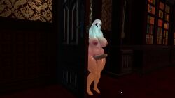 1futa 3d animated big_cock blush bom39 bottomless bottomless_female clothed foreskin futa_only futanari futapound ghost ghost_costume ghost_futa huge_breasts hung_futanari self_upload sheet_ghost shy sneaking sneaky tagme video vrchat vrchat_model